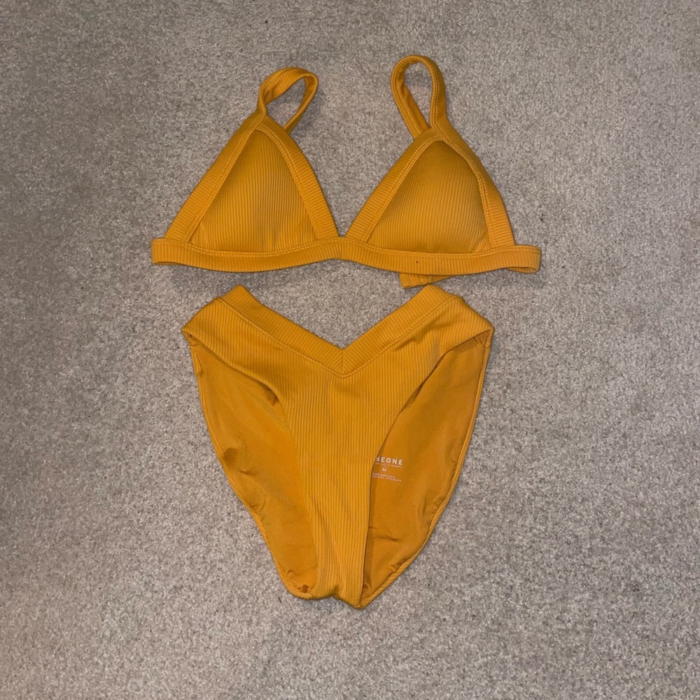 Yellow ribbed full coverage bikini from oneone swimwear.